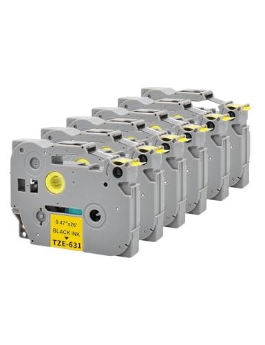 6 x Veson Kompatibel mit TZe-631 tze631 tz-631 tz631 Brother P-Touch Bänder 12mm x 8m Laminiertes Schriftband für PT-1000 1010 1080 PT-H105 PT-E110 PT-P300BT PT-H100LB PT-H100R - Schwarz auf Gelb von Veson