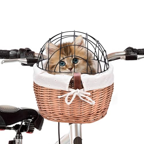 Vesone Katzenkorb für Fahrrad | Weiden-Fahrradkorb vorne aus Webstoff mit Drahtgeflecht-Abdeckung | Abnehmbarer Fahrrad-Hundeträger, Fahrrad-Haustierträgerkorb, Hundeträger zum Radfahren von Vesone