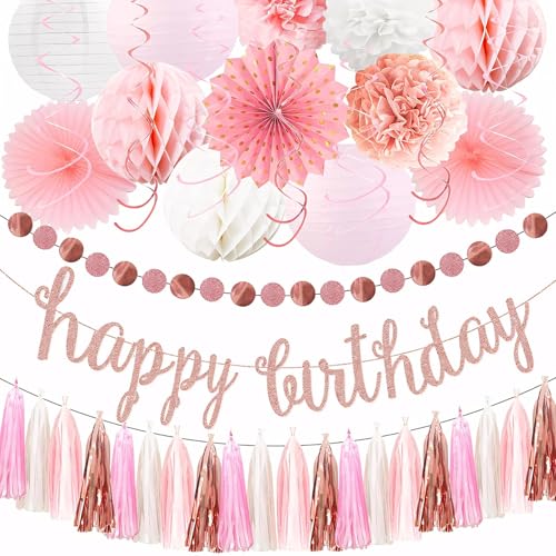 22-teiliges Geburtstagsdekorationsset, elegante Roségold-Party-Dekoration, inklusive Papierfächern, Laternen, Pompons und Quasten für unvergessliche Feiern 22-teiliges Geburtstagsdekorationsset, elegante Roségold-Party-Dekoration, inklusive Papierfächern, Laternen, Pompons und Quasten für unvergessliche Feiern von Vestamore