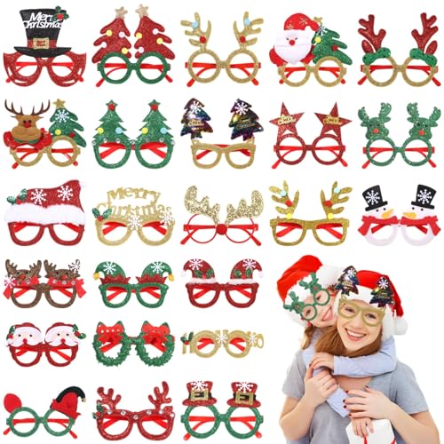 Vestamore 24 Weihnachtsgläser, Glitzer-Gläser, verschiedene Brillenstile für Weihnachtsfeiern, Weihnachtsmann, Schneemann, Rentier, Baum Designs von Vestamore
