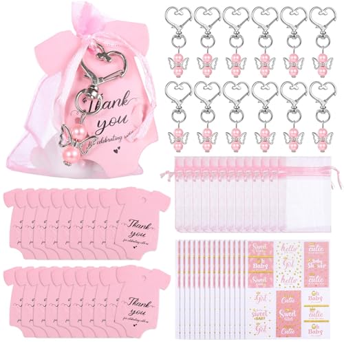 Vestamore 50 Partygeschenk-Sets mit Engel-Schlüsselanhängern, Elefanten-Dankeskarten, Organza-Beutel für Babyparty und Geburtstagsgeschenke von Vestamore