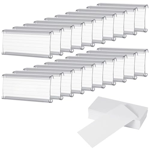 Vestamore Etikettenhalter aus Draht, 3 x 3,3 cm, transparente Kunststoff-Clips mit weißen Papiereinsätzen, abnehmbare und einfach zu bedienende Etiketten für Einzelhandelsregale, 100 Stück von Vestamore