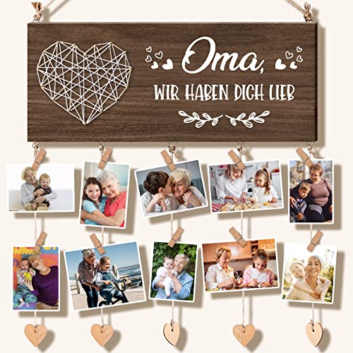 Vetbuosa Oma Geschenke Bilderrahmen, Oma Geburtstagsgeschenke Wand Bilderrahmen mit 10 Fotohalter Clips Oma Geschenke von Enkelkindern DIY Holz Collage Fotohalter für Heimdekoration von Vetbuosa