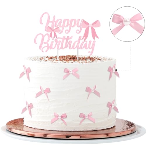VewePata Cake Topper Geburtstag,18 Stück Mini Rosa Schleifen+Perlen Tortenaufleger mit Happy Birthday Tortendeko Schild,Tortendeko Hochzeit,Torten Deko-Junggesellinnenabschied Dekoration (Rosa) von VewePata