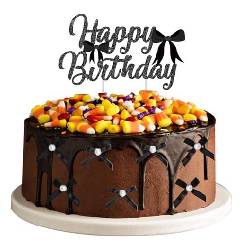 VewePata Cake Topper Geburtstag,18 Stück Minischwarze Schleife+Perlen Tortenaufleger mit Happy Birthday Tortendeko Schild,Tortendeko Hochzeit,Torten Deko-Junggesellinnenabschied Dekoration (Schwarz) von VewePata