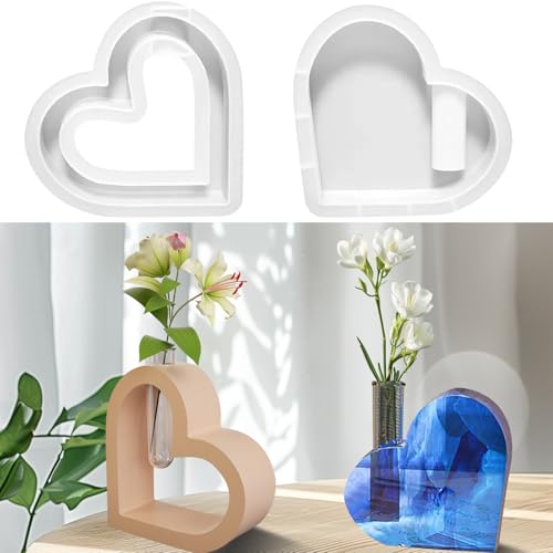 2 Stück Silikonformen GießFormen Herz mit 2 Acryl ReagenzgläSern, Silikonform Herz Vase,Herzform Vases Resin Formen Epoxidharz Silikonform Schale,Formen Vase für Hydrokulturpflanzen,DIY Handwerk von Vexran