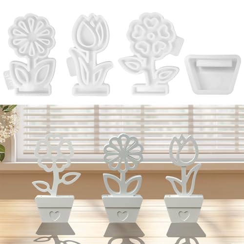 4 Stück Gießformen Silikon Frühling zum Gießen,Silikonformen Gießformen Frühling mit Sockel Gießformen,Blumentopf Silikonformen Frühling Silikonform, Silikon Frühling Blumen Gießform für DIY Deko von Vexran