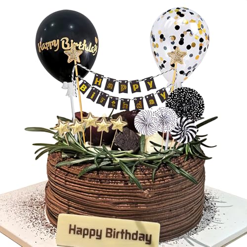 12 Stück Tortendeko Schwarz Gold, Happy Birthday Cake Topper, Kuchendeko Geburtstag Personalisiert, Happy Birthday Tortendeko Geburstagstorte set für Torten Deko Mädchen und Junge von Vhtanop