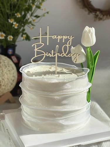 Vhtanop Tortendeko Geburtstag Tulpe Blumen und Happy Birthday Cake Topper Holz und Weißes Band, Tortenaufleger Personalisiert für Mädchen Frauen von Vhtanop