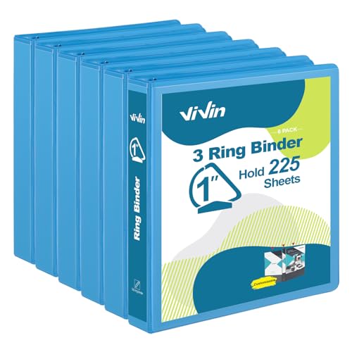 ViVin Stabile 2,5 cm D-Ringbücher, 3-Ringbücher mit 2 Taschen, für 225 Blatt US-Briefpapier für Büro, Zuhause, Schule, 6 Stück (Hellblau) von ViVin