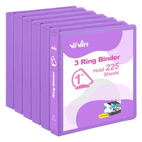 ViVin Stabile 2,5 cm D-Ringbücher, 3-Ringbücher mit 2 Taschen, für 225 Blatt US-Briefpapier für Büro, Zuhause, Schule, 6 Stück (lila) von ViVin