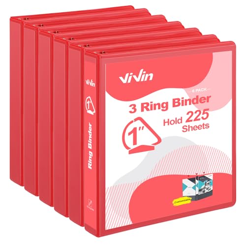 ViVin Stabile 2,5 cm D-Ringbücher, 3-Ringbücher mit 2 Taschen, für 225 Blatt US-Briefpapier für Büro, Zuhause, Schule, 6 Stück (rot) von ViVin