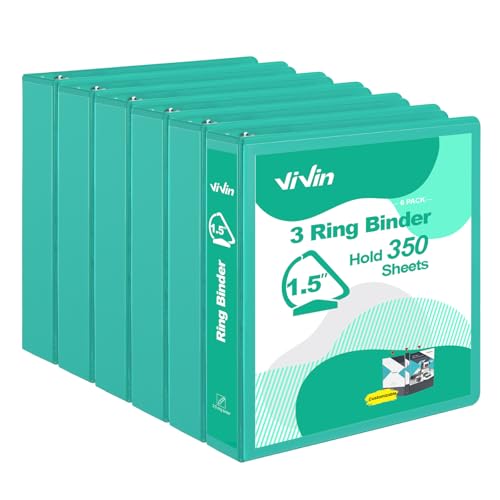 ViVin Stabiles 3-Ringbuch mit Taschen, schräger D-Ring, PVC-frei, anpassbarer, transparenter Ordner, hält 350 Blatt Papier à 21,6 x 27,9 cm, 6 Stück (Seegrün) von ViVin