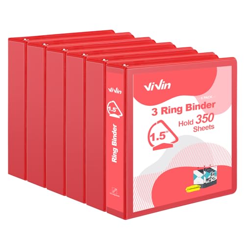 ViVin Stabiles 3-Ringbuch mit Taschen, schräger D-Ring, PVC-frei, anpassbarer, transparenter Ordner, hält 350 Blatt Papier à 21,6 x 27,9 cm, 6 Stück (rot) von ViVin