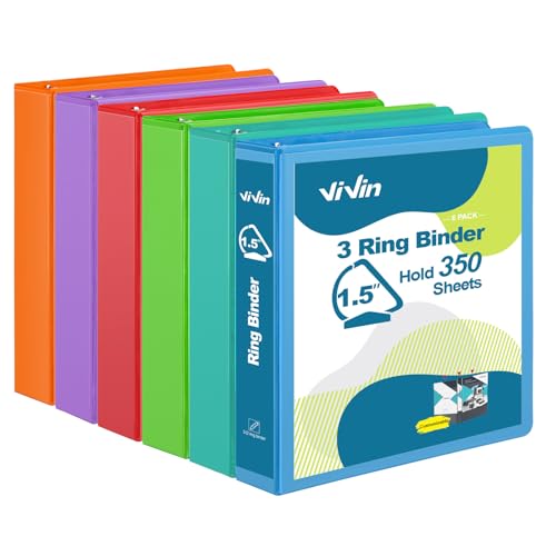 ViVin Stabiles 3-Ringbuch mit Taschen, schräger D-Ring, PVC-frei, anpassbarer Klarsicht-Ordner, hält 350 Blatt 21,6 x 27,9 cm Papier, 6 Stück (sortiert) von ViVin