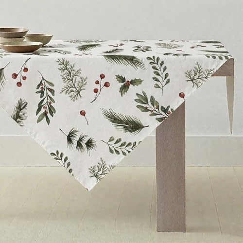 ViaElayu Tischdecke Weihnachten Weihnachtsdeko Klein Weihnachtstischdecke Mitteldecke 100x100 Beige Weihnachts Tischdeko mit Eukalyptusblätter Kiefer Beere Abwaschbar Modern Winter Küche Tisch Deko von ViaElayu