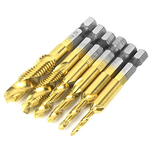 6pcs HSS Hex Shank -Tap -Bohrbohrer Bit Eingestellt Robuster und Langlebiger Zusammengesetzter Hahn für Weiche Klopfmetall, Aluminium, Eisen 15 Mm Länge M3/M5/M5 M6/M8/M10 (Metrische Titan-Gold 4341 von ViaGasaFamido