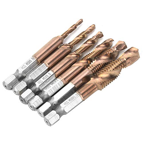 6pcs HSS Hex Shank -Tap -Bohrbohrer Bit Eingestellt Robuster und Langlebiger Zusammengesetzter Hahn für Weiche Klopfmetall, Aluminium, Eisen 15 Mm Länge M3/M5/M5 M6/M8/M10 (Metrische Titan-Gold 6542 6pcs HSS Hex Shank -Tap -Bohrbohrer Bit Eingestellt Robuster und Langlebiger Zusammengesetzter Hahn für Weiche Klopfmetall, Aluminium, Eisen 15 Mm Länge M3/M5/M5 M6/M8/M10 (Metrische Titan-Gold 6542 von ViaGasaFamido