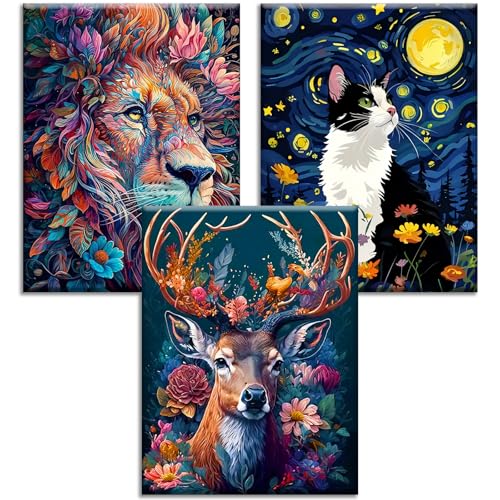 3 Stück Malen nach Zahlen Erwachsene-Tiere Malen nach Zahlen für Erwachsene, Hirsche Katze Löwe Paint by Numbers, DIY Tiere Ölgemälde Leinwand für Home Dekor 30x40 cm von Viart