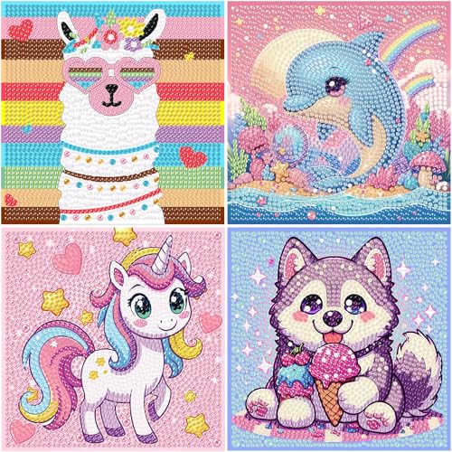 4er Set Diamond Painting Kinder Tiere, Alpaka Einhorn Hund Delphin Diamant Painting Bilder Kinder, Tiere Diamond Art for kids ab 4 6 8 10 12 Jahren(15x15cm) von Viart