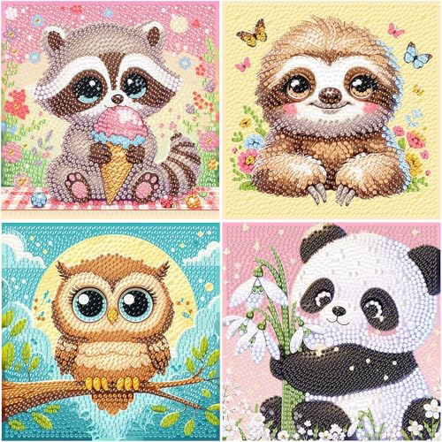 4er Set Diamond Painting Kinder Tiere, Faultier Eule Panda Waschbär Diamant Painting Bilder Kinder, Tiere Diamond Art for kids ab 4 6 8 10 12 Jahren(15x15cm) von Viart