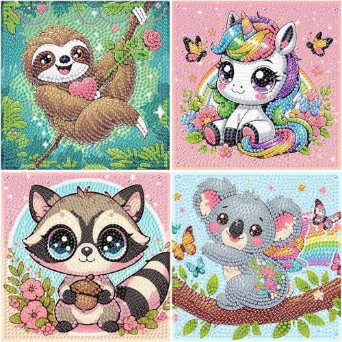 4er Set Diamond Painting Kinder Tiere, Faultier Koala Einhorn Waschbär Diamant Painting Bilder Kinder, Tiere Diamond Art for kids ab 4 6 8 10 12 Jahren(15x15cm) von Viart