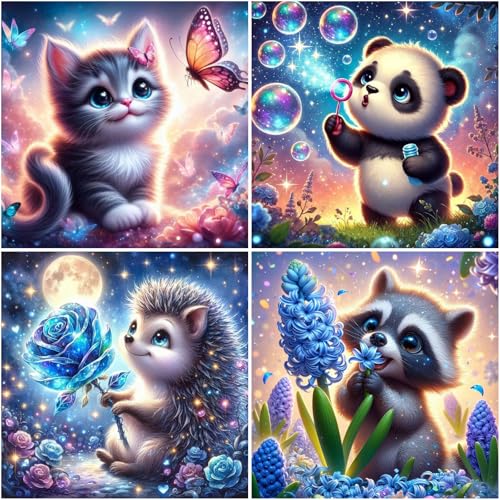 4er Set Diamond Painting Kinder Tiere,Panda Igel Waschbär Katze Diamant Painting Bilder Kinder,Tiere Diamond Painting Kids ab 4 6 8 10 12 Jahren(15x15cm) von Viart