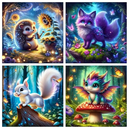 4er Set Diamond Painting Kinder ab 4 5 6 8 10 Jahre Tiere, Igel Fuchs Eichhörnchen Drachen Diamant Painting Bilder Kinder, Klein Diamond Painting Jungs Mädchen Als Geschenk(15x15cm) von Viart