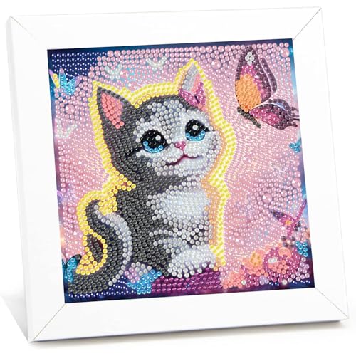 Katze Diamond Painting kinder mit Rahmen,Katze Diamond Art Anfänger Bilder Kinder,5D Diamant Painting Home Decor Geschenk für Kinder ab 6 Jahren(15x15cm) von Viart