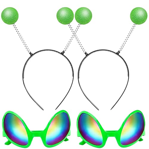 Vibbang 2 Stück Alien Brille Alien Kostüm Sonnenbrille mit 2 Stück Martian Antenne Stirnband Boppers, Atmosphären-Requisiten für Kostüm Party Alien Außerirdische Space Karneval Mottoparty (Grün) von Vibbang