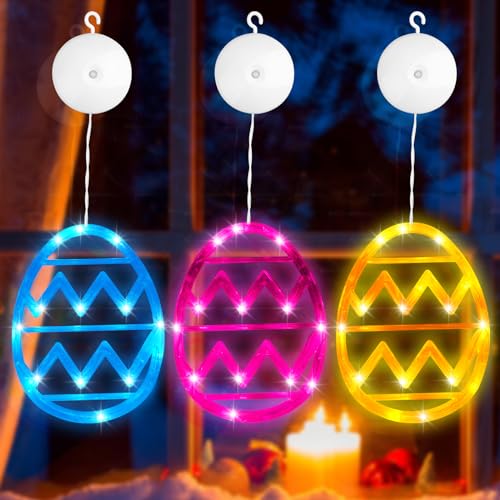 Vibbang 3 Stück Osterdeko LED Fenster Licht, Ostereier Hängende Lichterkette mit Saugnapf Fenster Deko, Ostern Deko Lichterkette Batteriebetrieben, Ostern Fenster Lichter Heimdekoration von Vibbang