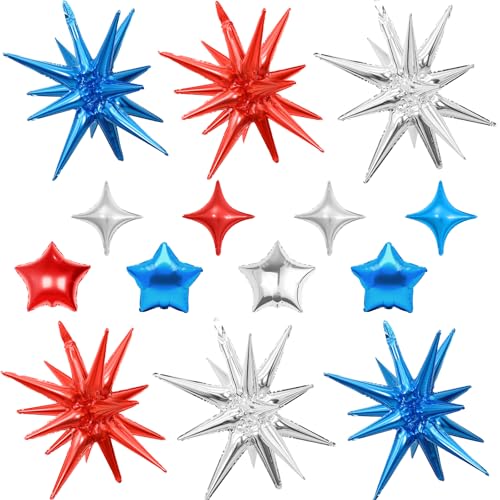 14 Stück Blau Rot Silber Stern Luftballons Gemischte Stern Folienballon 55,9 cm Explosionssterne Ballons mit 25,4 cm Sterne Form Ballon für Geburtstag Abschluss 4. Juli Unabhängigkeitstag Party von Vibzox