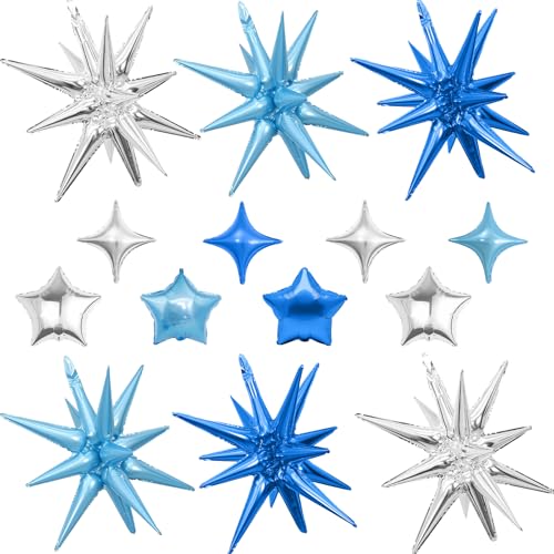 14 Stück Blau Silber Stern Ballons Gemischte Stern Folienballon 55,9 cm Explosion Sterne Ballons mit 25,4 cm Sterne Form Ballon für Jungen Geburtstag Babyparty Hochzeit Winter Urlaub Party von Vibzox