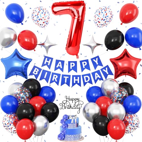 7. Geburtstag Dekorationen Rot Schwarz Blau 7. Party Luftballons für Jungen Kinder Zahl 7 Ballon Stern Folienballons Banner Kuchen Topper Held Thema Geburtstag Party Dekor von Vibzox