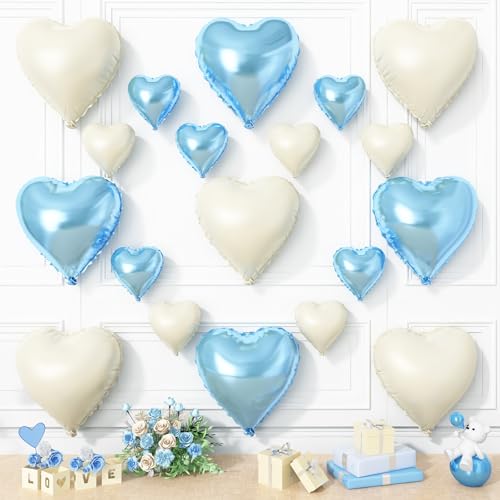 Blau-weiße Herzballons, 19 Stück, cremeweiß und blau, Herzform, 45,7 cm mit 25,4 cm großem, blauem Helium-Mylar-Herzballon für Geburtstag, Babyparty, Verlobung, Hochzeit, Party-Dekorationen Blau-weiße Herzballons, 19 Stück, cremeweiß und blau, Herzform, 45,7 cm mit 25,4 cm großem, blauem Helium-Mylar-Herzballon für Geburtstag, Babyparty, Verlobung, Hochzeit, Party-Dekorationen von Vibzox