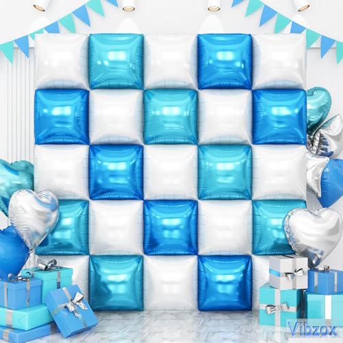 Blau-weiße doppelseitige quadratische Folienballons Wand, 48,3 cm, Chrom, Dunkelhellblau, Weiß, Folienballons, Tunnelbogen-Kit für Junggesellinnenabschied, Jubiläum, Hochzeit, Geburtstagsfeier von Vibzox
