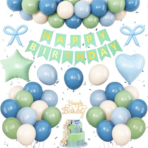 Blaue und grüne Geburtstagsdekorationen, staubiger blauer Salbeigrün, Banner, Sternherz, Folienballon für Jungen und Mädchen, Geburtstag, Hochzeit, Babyparty, Brautparty, Dschungel-Party-Dekorationen von Vibzox