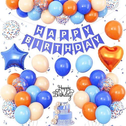 Blaue und orangefarbene Geburtstagsdekoration, königliches hellblaues und orangefarbenes Dekor, Happy Birthday-Banner, Tortenaufsatz, Stern-Herz-Folienballon für Kinder, Weltraum-Mottoparty von Vibzox