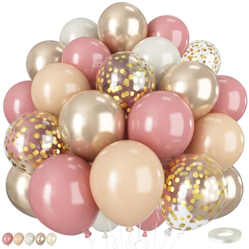 Blush Pink Luftballons, 50 Stück, 30,5 cm, Boho-Luftballons mit Retro, Altrosa-Gold, Nude, Weiß, Sand, Gold, Konfetti-Latex-Ballon für Mädchen, Geburtstag, Babyparty, Hochzeit, Brautparty von Vibzox