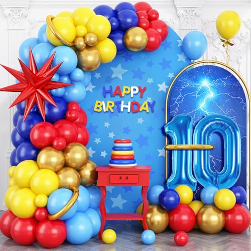 Bogen zum 10. Geburtstag, rot, blau, gelb, blaue Luftballons mit Zahl 10, Explosionsstern-Folienballons für Kinder, 10. Cartoon-Party-Dekoration Bogen zum 10. Geburtstag, rot, blau, gelb, blaue Luftballons mit Zahl 10, Explosionsstern-Folienballons für Kinder, 10. Cartoon-Party-Dekoration von Vibzox