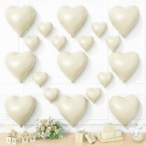 Cremefarbene Herz-Luftballons, cremeweiße Herzform, 45,7 cm mit 25,4 cm nackter neutraler Helium-Folienballon, Mylar-Ballon für Geburtstag, Hochzeit, Valentinstag, Jahrestag, Dekoration, 19 Stück Cremefarbene Herz-Luftballons, cremeweiße Herzform, 45,7 cm mit 25,4 cm nackter neutraler Helium-Folienballon, Mylar-Ballon für Geburtstag, Hochzeit, Valentinstag, Jahrestag, Dekoration, 19 Stück von Vibzox
