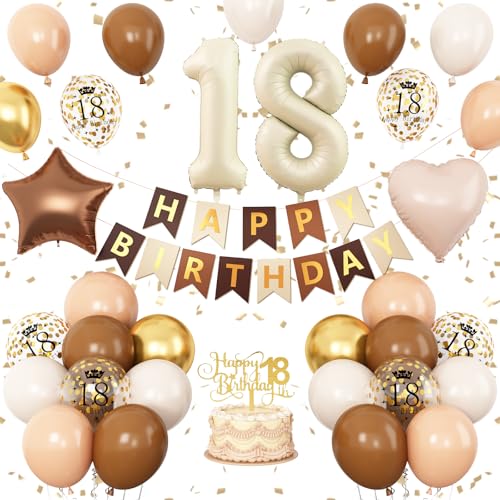 18. Geburtstag Dekorationen Braun Gold, 18. Geburtstag Luftballons Zahl 18 Folienballons Happy Birthday Banner mit Stern Herz Luftballons Kuchen Topper für Mädchen Jungen 18. Geburtstag Party von Vibzox
