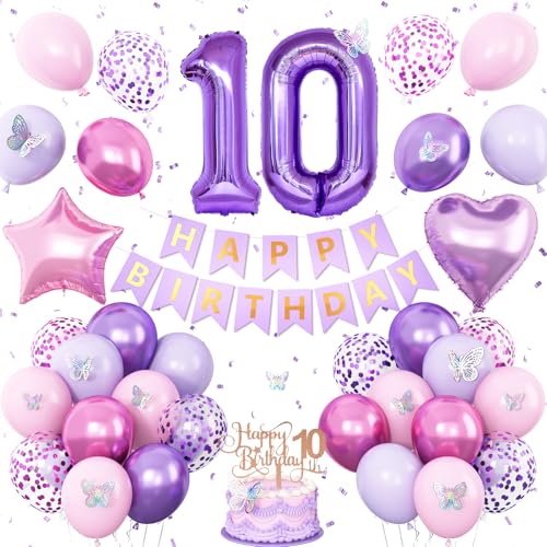Dekoration zum 10. Geburtstag für Mädchen, rosa lila Schmetterling Party Dekorationen 10. Geburtstag Luftballons rosa lila Banner Nummer 10 Luftballons Kuchen Topper Schmetterling Party Supplies für von Vibzox