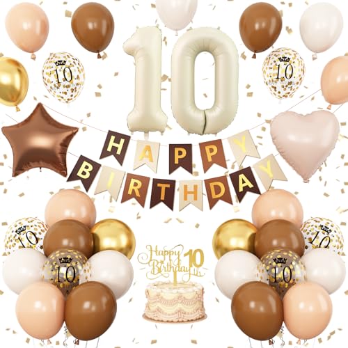 Dekoration zum 10. Geburtstag für Mädchen und Jungen, Sand, Weiß, Braun, Gold, Luftballons, Zahl 10, Happy Birthday-Banner mit hautbrauner hellbrauner Folie, Stern-Herz-Luftballons, Kuchendekoration Dekoration zum 10. Geburtstag für Mädchen und Jungen, Sand, Weiß, Braun, Gold, Luftballons, Zahl 10, Happy Birthday-Banner mit hautbrauner hellbrauner Folie, Stern-Herz-Luftballons, Kuchendekoration von Vibzox