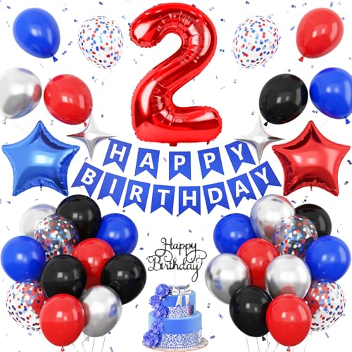 Dekoration zum 2. Geburtstag für Jungen, Rot Schwarz Blau Geburtstag Ballon Zahl 2 Ballon mit Stern Folienballons Banner Kuchen Topper für 2 Jahre alte Helden-Mottoparty-Dekoration von Vibzox