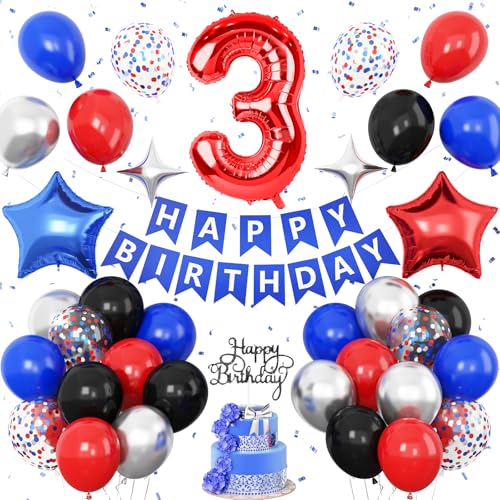 Dekoration zum 3. Geburtstag für Jungen, Rot Schwarz Blau Geburtstag Ballon Zahl 3 Ballon mit Stern Folienballons Banner Kuchen Topper für 3 Jahre alte Helden-Mottoparty-Dekoration von Vibzox