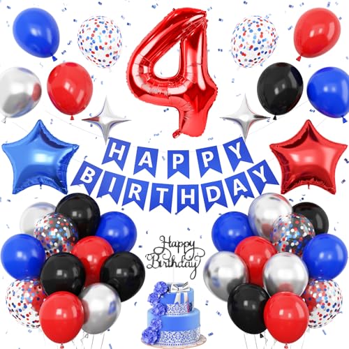 Dekoration zum 4. Geburtstag, Rot, Schwarz, Blau, Metallic, Silber, Blau, Rot, 4. Party-Ballons, Stern-Folienballons, Banner, Kuchendekoration, Helden-Thema, Geburtstagsparty-Dekoration für 4-jährige von Vibzox