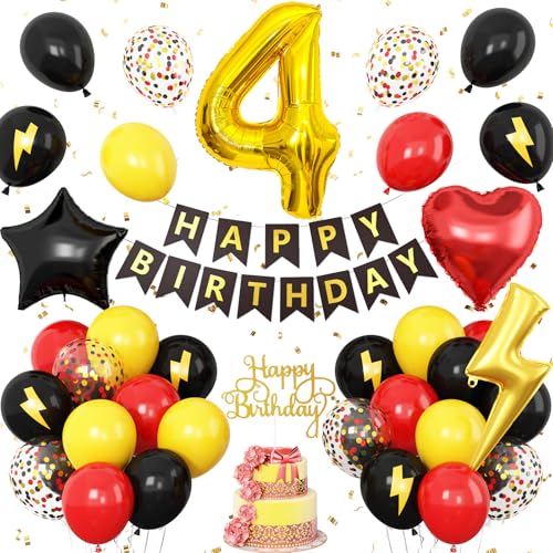 Dekoration zum 4. Geburtstag für Jungen, rot, schwarz, gelb, Geburtstagsballon für Kinder, Blitzdruck, Zahl 4, Banner, Kuchendekoration, für Jungen und Mädchen, Geburtstagsparty-Dekoration von Vibzox