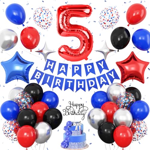 Dekoration zum 5. Geburtstag, Rot, Schwarz, Blau, Metallic, Silber, Blau, Rot, 5. Party-Ballons, Stern-Folienballons, Banner, Kuchendekoration, Helden-Thema, Geburtstagsparty-Dekoration für 5-jährige von Vibzox