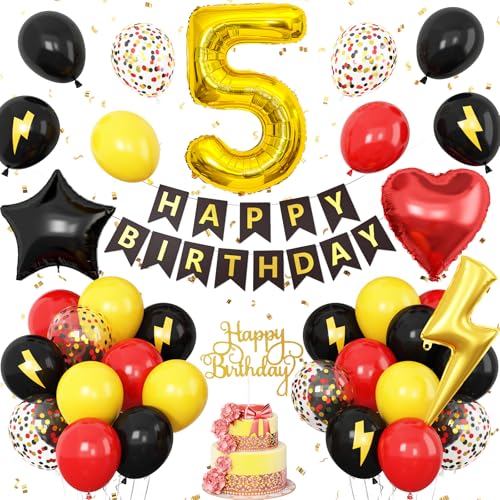Dekoration zum 5. Geburtstag für Jungen, rot, schwarz, gelb, Geburtstagsballon für Kinder, Blitzdruck, Zahl 5, Banner, Kuchendekoration, für Jungen und Mädchen, Geburtstagsparty-Dekoration von Vibzox